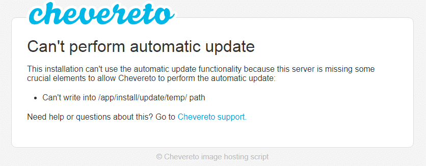 Chevereto后台升级出现Can't write into /app/install/update/temp/ path错误的解决方法-水东柳博客